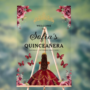 Burgundy Princess Quinceañera Birthday Welcome  Acrylic Sign