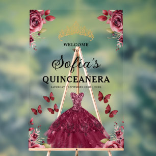 Burgundy Princess Quinceañera Birthday Welcome Acrylic Sign