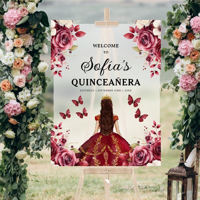 Burgundy Princess Quinceañera Birthday Welcome  Acrylic Sign (Creator Uploaded)