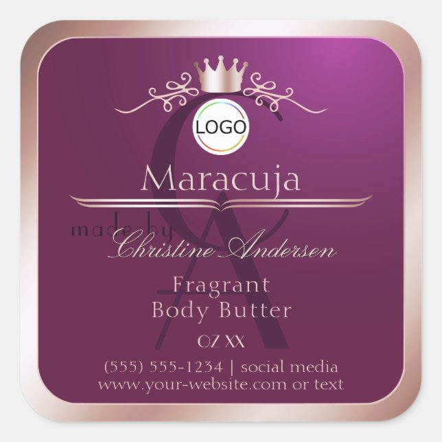 Burgundy Product Label Rose Gold Frame Monogram (Front)