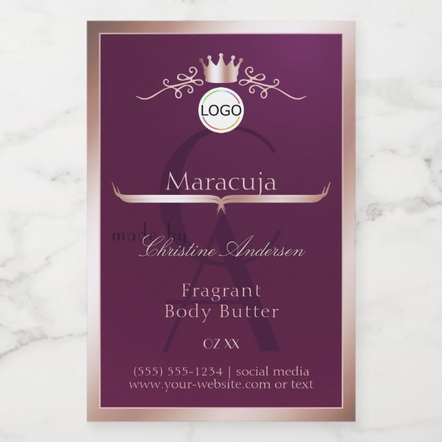 Burgundy Product Label Rose Gold Frame Monogram (Single Label)