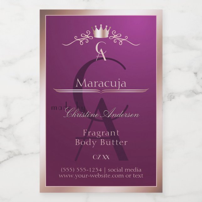 Burgundy Product Label Rose Gold Frame Monogram (Single Label)