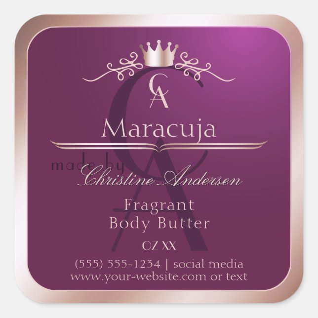 Burgundy Product Label Rose Gold Frame Monogram (Front)