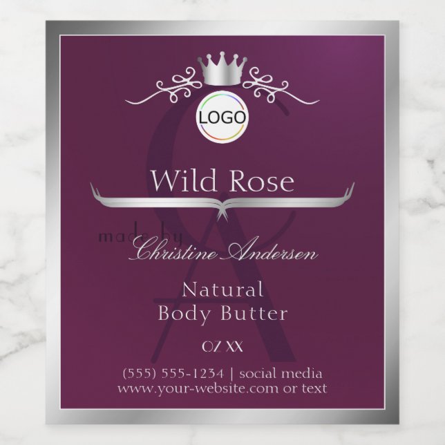 Burgundy Product Label Silver Frame Logo Monogram (Single Label)