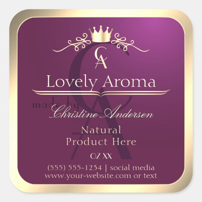 Burgundy Product Label with Gold Border Monogram (Front)