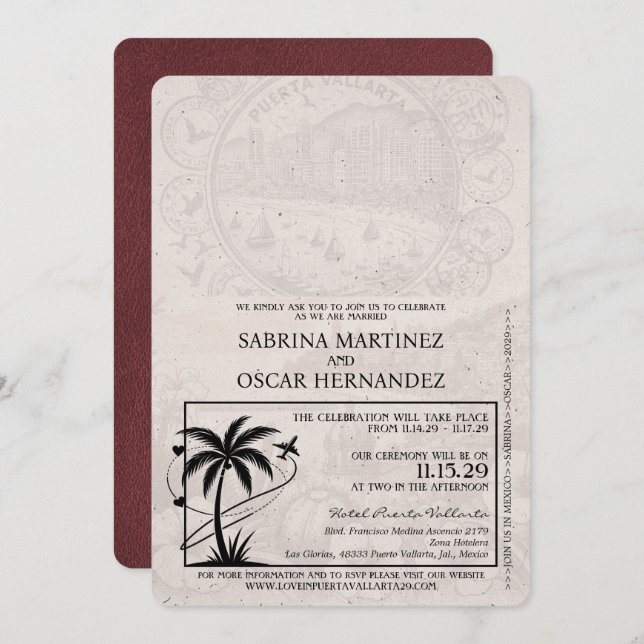 Burgundy Puerta Vallarta Passport Wedding Invitation (Front/Back)