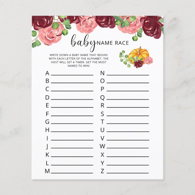 Burgundy pumpkin Baby name race game (Front)