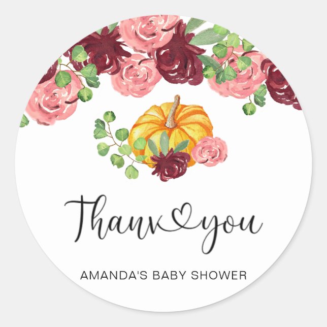 Burgundy pumpkin baby shower, thank you classic round sticker (Front)