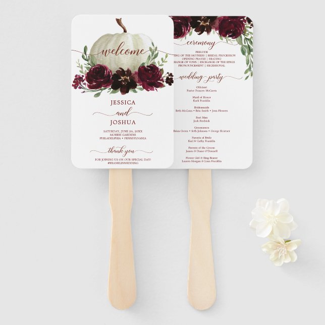 Burgundy Pumpkin Fall Wedding Program Fan (Front and Back)