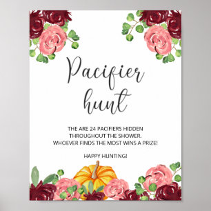 Burgundy pumpkin pacifier hunt baby shower game  poster