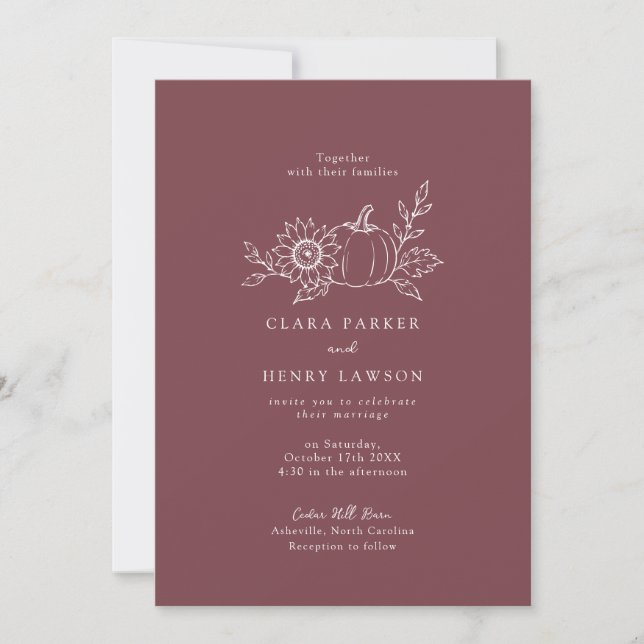 Burgundy Pumpkin Sunflower Wedding Invitation (Front)