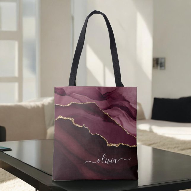 Burgundy Purple Agate Geode Gold Monogram Tote Bag (Creator Uploaded)
