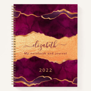 Burgundy purple agate marble rose gold monogram notebook