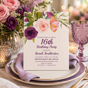 Burgundy Purple Blush Pink Floral 16th Birthday Card
