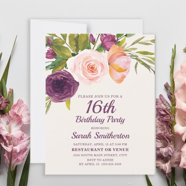 Burgundy Purple Blush Pink Floral 16th Birthday Card (Creator Uploaded)