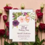 Burgundy Purple Blush Pink Floral 21st Birthday Card<br><div class="desc">Elegant and beautiful purple,  burgundy,  and blush pink watercolor floral on cream-coloured 21st birthday party invitation for women.   Contact us for help with customisation or to request matching products.</div>