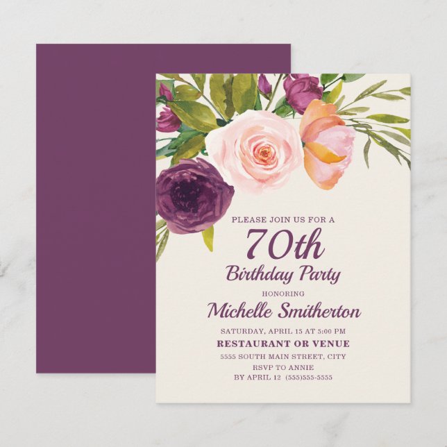Burgundy Purple Blush Pink Floral 70th Birthday Card (Front/Back)