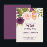 Burgundy Purple Blush Pink Floral 80th Birthday Card<br><div class="desc">Elegant and beautiful purple,  burgundy,  and blush pink watercolor floral on cream-coloured 80th birthday party invitation for women.   Contact us for help with customisation or to request matching products.</div>