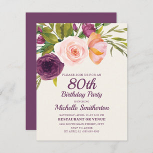 Burgundy Purple Blush Pink Floral 80th Birthday Card
