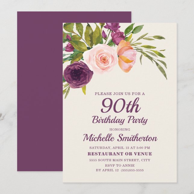 Burgundy Purple Blush Pink Floral 90th Birthday Card (Front/Back)