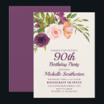 Burgundy Purple Blush Pink Floral 90th Birthday Card<br><div class="desc">Elegant and beautiful purple,  burgundy,  and blush pink watercolor floral on cream-coloured 90th birthday party invitation for women.   Contact us for help with customisation or to request matching products.</div>