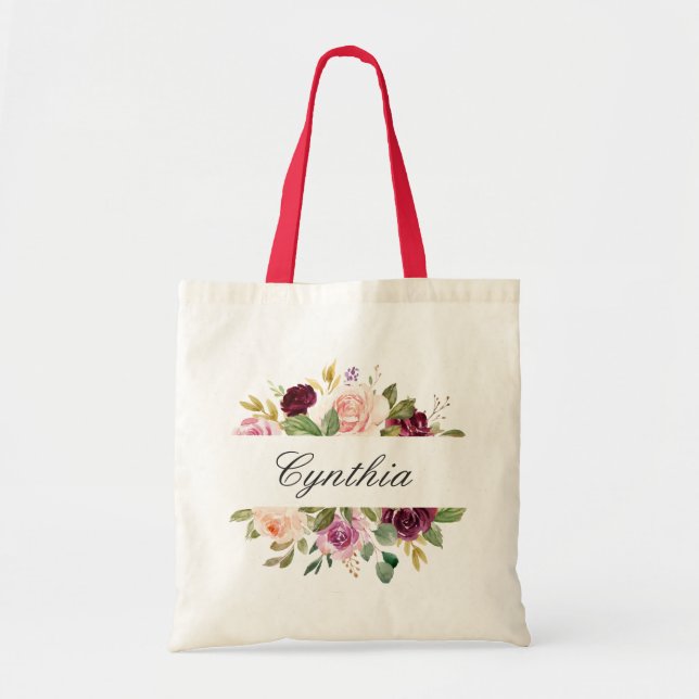 Burgundy Purple Blush Watercolor Floral Bridesmaid Tote Bag (Front)