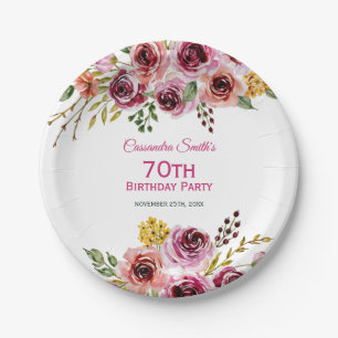 Burgundy Purple Brown Rose Rustic Floral Birthday  Paper Plate