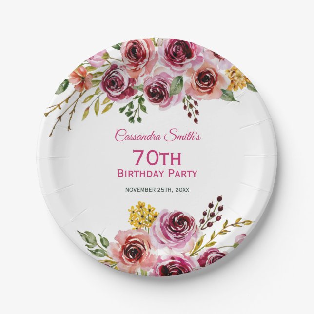 Burgundy Purple Brown Rose Rustic Floral Birthday  Paper Plate (Front)