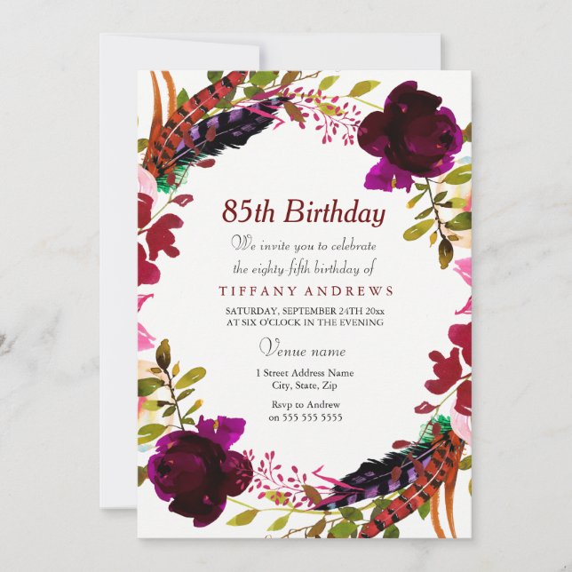 Burgundy Purple Floral 85th Birthday Party Invite (Front)