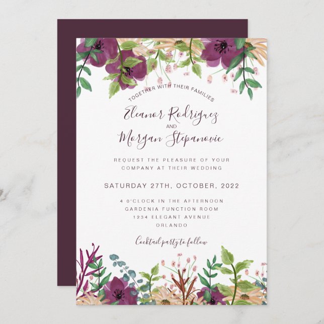 Burgundy purple floral border script wedding invitation (Front/Back)
