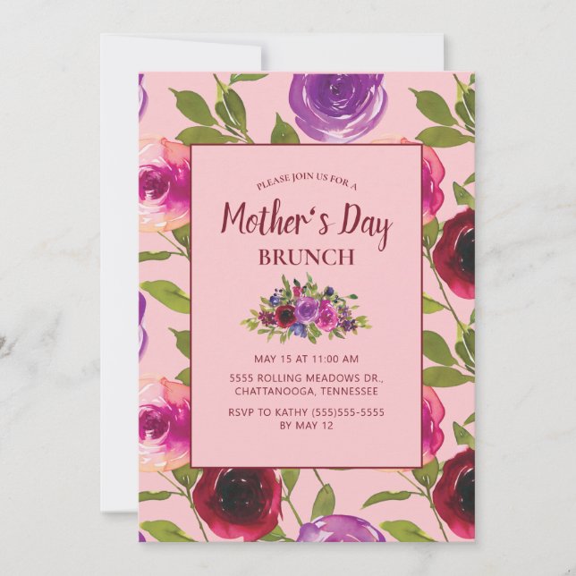 Burgundy Purple Floral on Pink Mother's Day Invitation (Front)