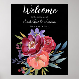Burgundy& Purple Floral Wedding Sign- Black Poster