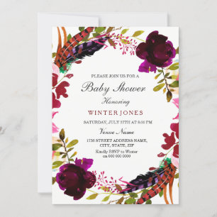 Burgundy Purple Floral Wreath Baby Shower Invite