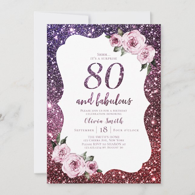 Burgundy purple glitter and floral 80th birthday invitation (Front)
