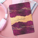 Burgundy purple gold agate marble rose gold name iPad pro cover<br><div class="desc">A burgundy,  purple and faux gold agate,  marble stone print as background Personalise and add your name. The name is written with a modern hand lettered style script with swashes. 
To keep the swashes only delete the sample name,  leave the spaces or emoji's in front and after the name.</div>