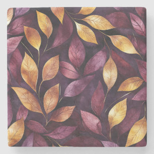 Burgundy Purple Gold Leaves Stone Coaster
