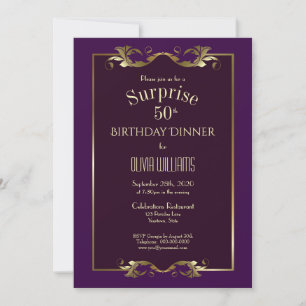 Burgundy Purple Gold Surprise 50th Birthday Dinner Invitation