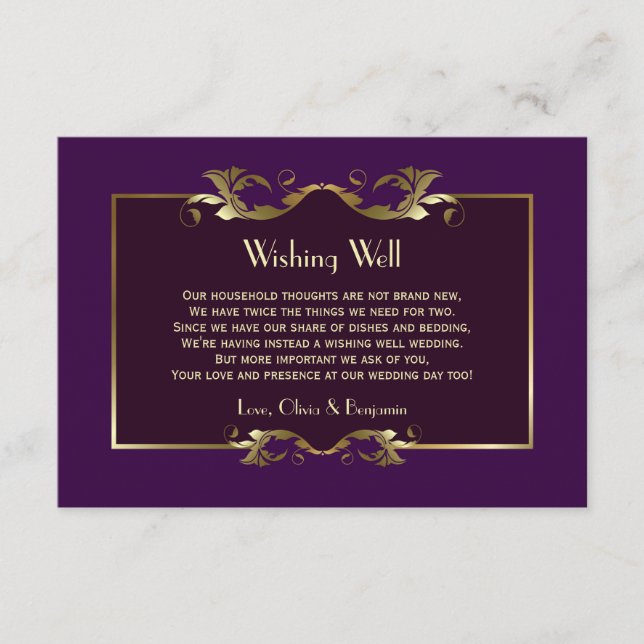 Burgundy Purple Gold Wedding Wishing Well Poem Enclosure Card (Front)