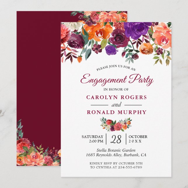 Burgundy Purple Orange Floral Engagement Party Invitation (Front/Back)