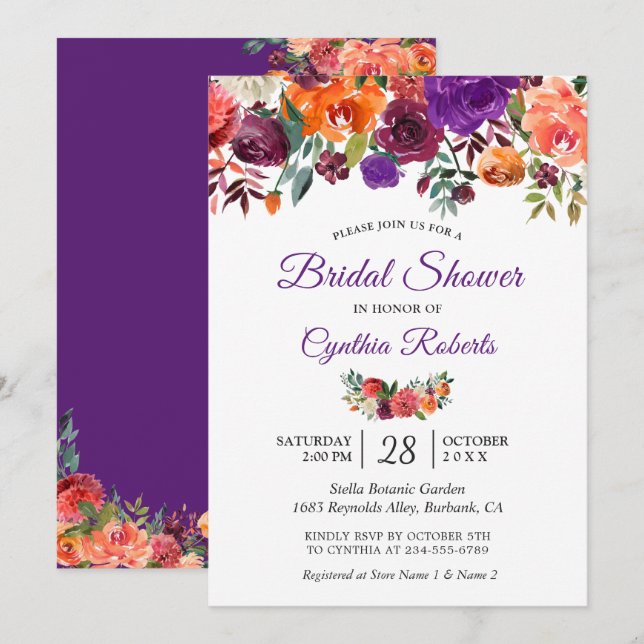 Burgundy Purple Orange Floral Garden Bridal Shower Invitation (Front/Back)