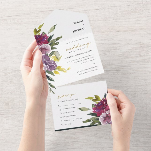 BURGUNDY PURPLE PINK LIME GREEN FLORAL WEDDING ALL IN ONE INVITATION (Tearaway)