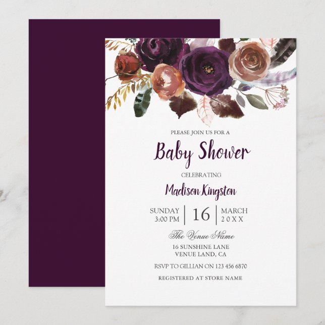 Burgundy Purple Plum Floral Baby Shower Invitation (Front/Back)
