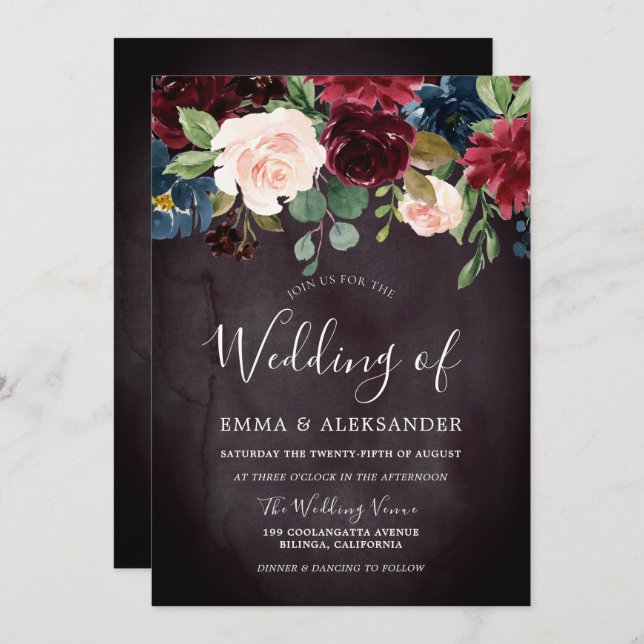 Burgundy Purple Red Wine Flowers Wedding Invitation (Front/Back)