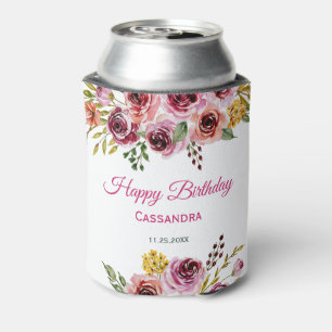 Burgundy Purple Rose Rustic Floral Birthday Can Cooler