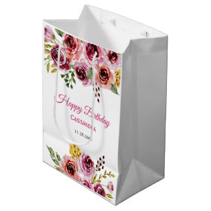 Burgundy Purple Rose Rustic Floral Birthday Medium Gift Bag