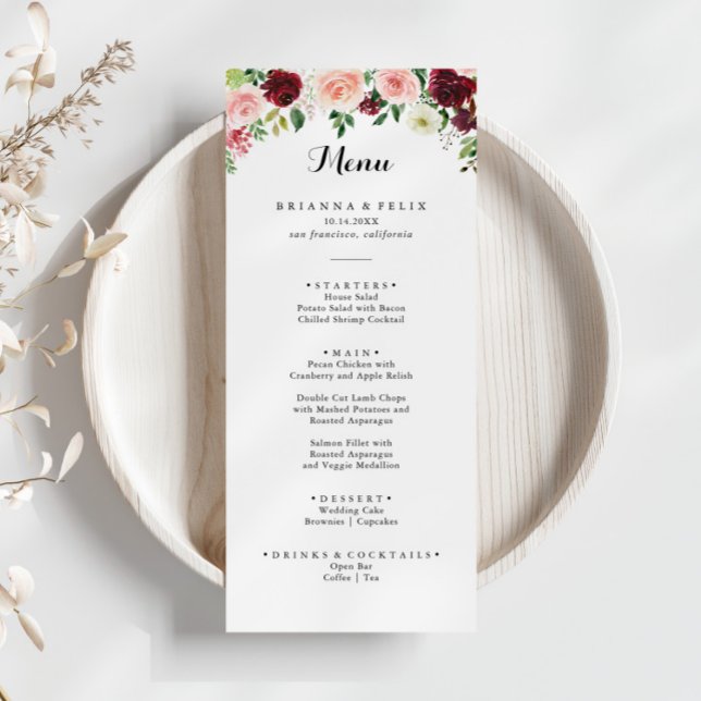 Burgundy Purple Spring Floral Calligraphy Dinner Menu (Creator Uploaded)