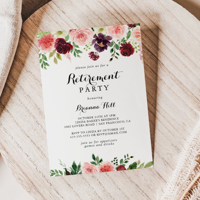 Burgundy Purple Spring Floral Retirement Party Invitation (Creator Uploaded)