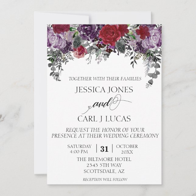Burgundy Purple Watercolor Floral Halloween  Invit Invitation (Front)