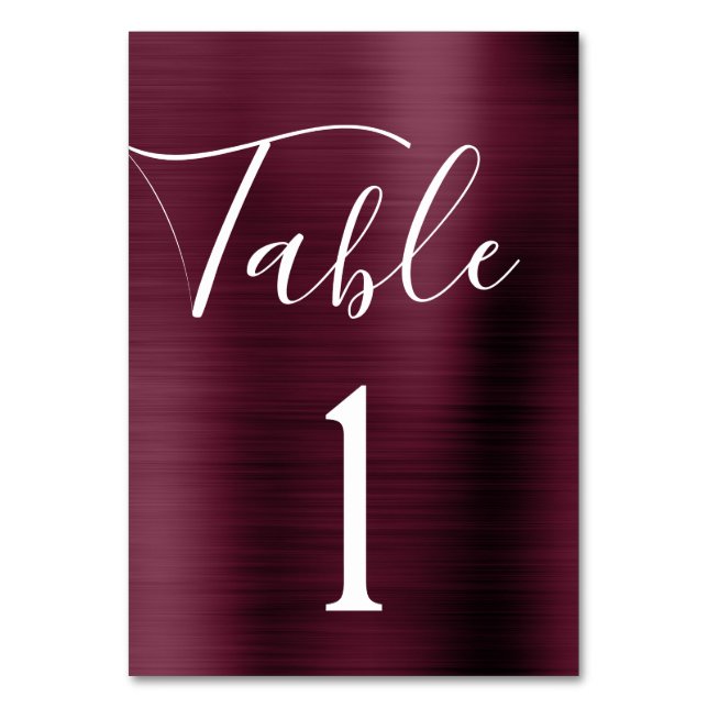Burgundy Purple Wedding Metallic Table Number (Front)