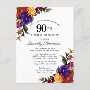 Burgundy Purple Yellow 90th Birthday Invitation Postcard